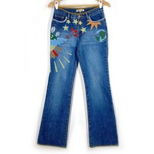 See By Chloe Vintage Flare Jeans Embroidered Space Dinosaur Blue Mid Rise 26